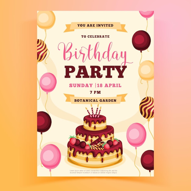 Vector verjaardag partij uitnodiging sjabloon met cake