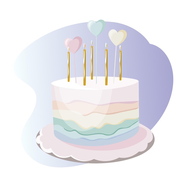 Vector verjaardag regenboog pastel taart met kaarsen. verjaardagsfeestje decoratie, feest, vakantie. vector.