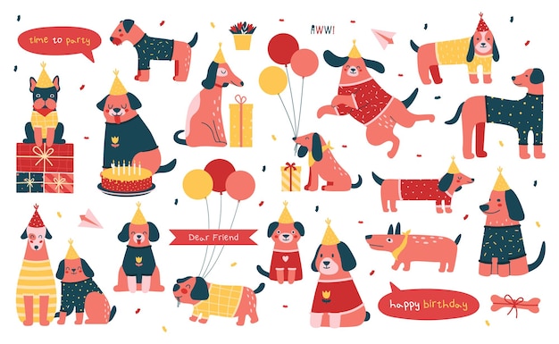 Verjaardag schattige illustraties met verschillende vrolijke hondenkarakters, puppy's, met ballonnen, geschenken, petten.