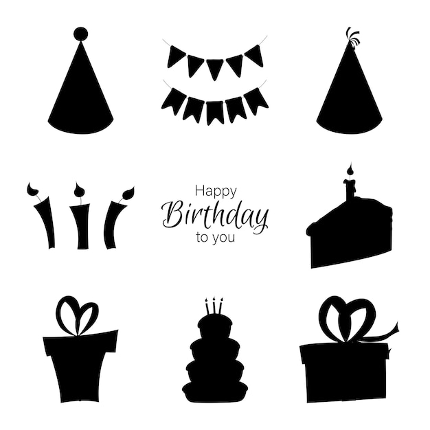 Verjaardag set silhouetten met traditionele attributen op witte achtergrond Cartoon stijl Vector