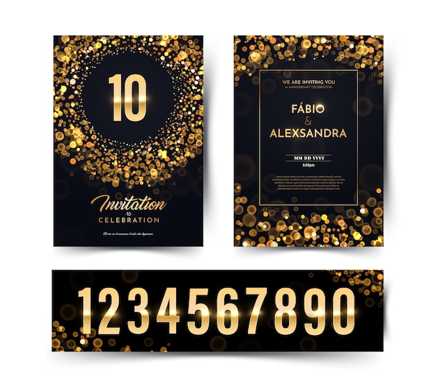 Verjaardag vector zwart papier luxe dubbele uitnodigingskaart met gouden nummers collectie bruiloft