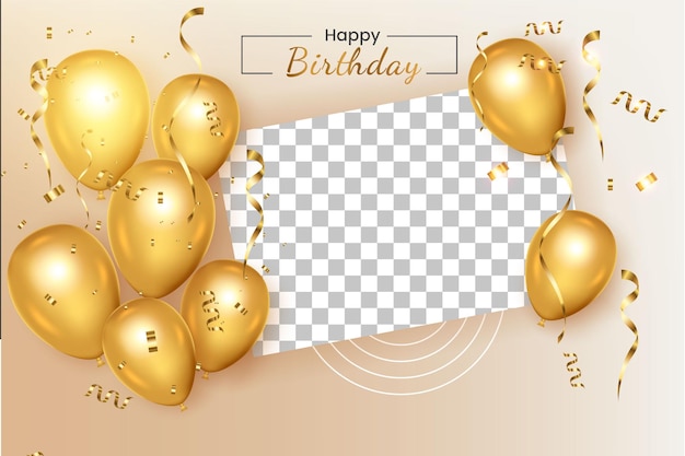 Vector verjaardags rechthoekig frame met realistische gouden ballon set met confetti