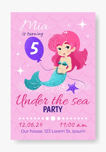 Vector verjaardagsfeest uitnodiging groetekaartje met schattige zeemeermin en ballon onder de zee feest voor kinderen