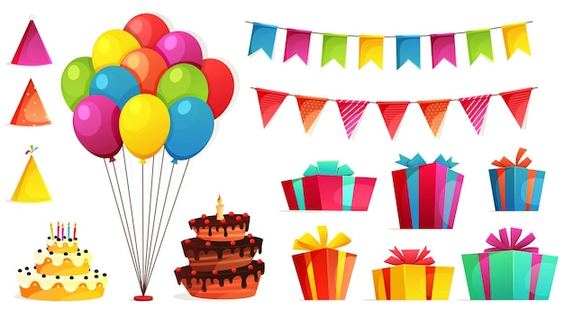 Verjaardagsfeestje geïsoleerde elementen set met kleurrijke cadeautjes kerstverlichting vlaggen kleurrijke ballonnen auto