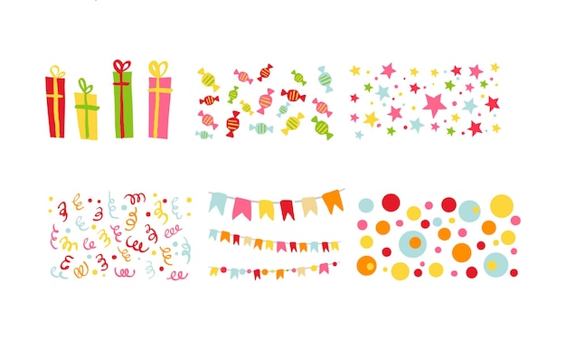 Verjaardagsfeestje symbolen instellen kleurrijke carnaval feestelijke ontwerpelementen met vlaggen confetti snoep geschenken vector illustratie geïsoleerd op een witte achtergrond