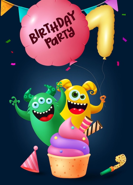 Vector verjaardagsfeestje tekst vector poster monster stripfiguren houden ballonnen voor verjaardag