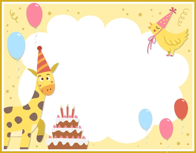 Verjaardagsfeestje wenskaartsjabloon met schattige taart en dieren verjaardag poster of uitnodiging
