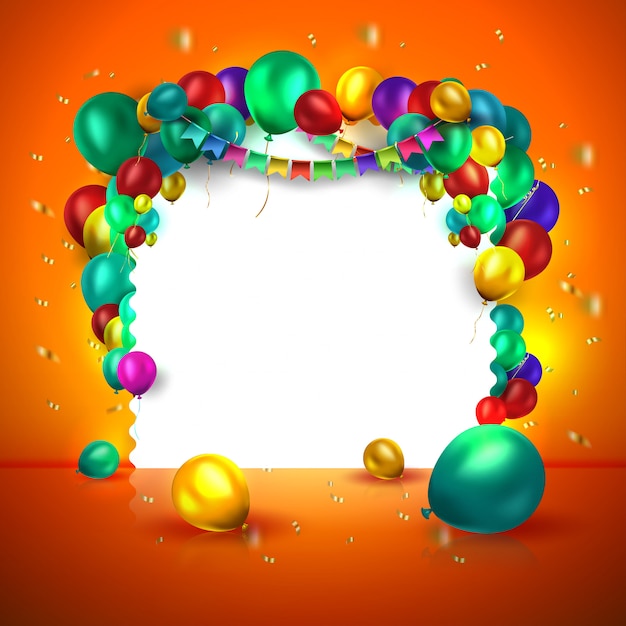 Verjaardagskaart met kleurrijke ballonnen en confetti op oranje achtergrond