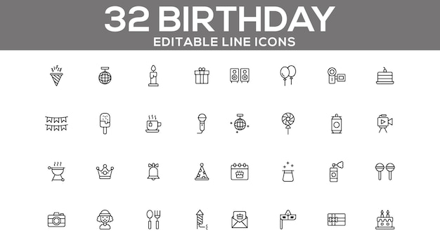 Verjaardagslijn Icoons Set Bewerkbare viering en feest Icoons voor Web en App Design
