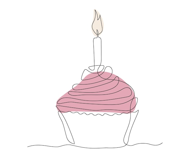 Verjaardagstaart cupcake cake met kaars Continu één lijntekening