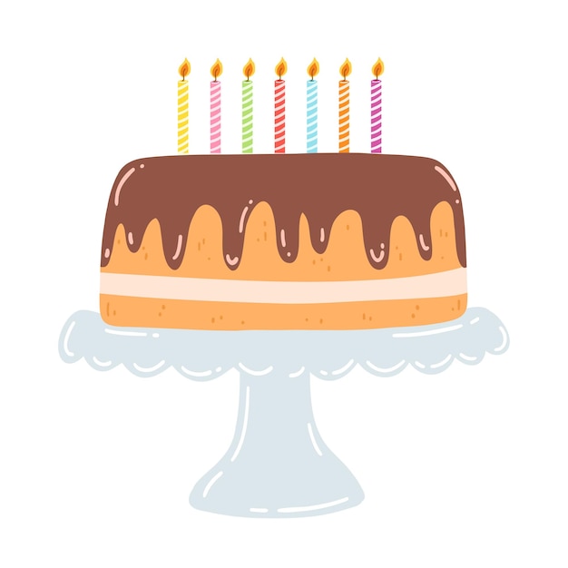 Verjaardagstaart op een stand met kaarsen in vlakke stijl Handgetekende vectorillustratie van chocoladetaart met room zoet dessert gebak eten