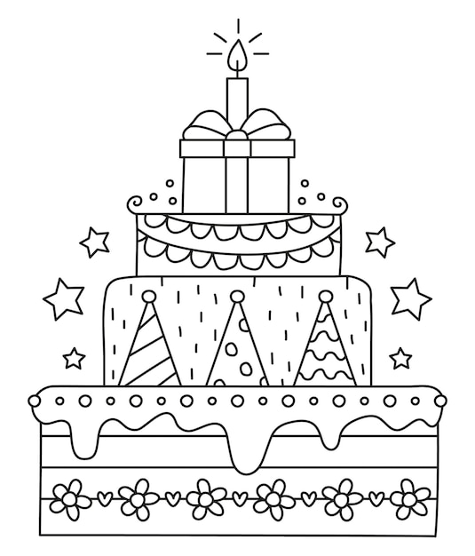 Verjaardagstaart vectorillustratie met geschenken, feestmutsen en meer