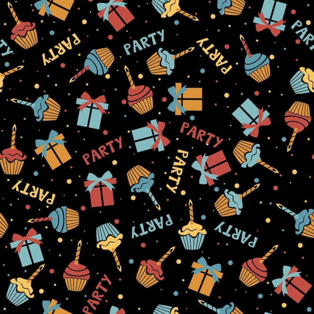 Verjaardagstaarten geschenkdozen platte vector naadloze patroon Hand getekende achtergrond voor een feestje