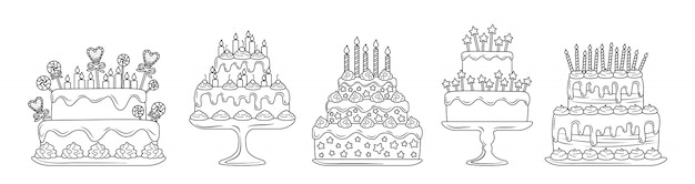 Verjaardagstaarten lineaire platte set. Cartoon lijn heerlijke desserts. Partij taart ontwerpelementen, kaarsen en chocoladeschijfjes, room. Feestje snoep. illustratie geïsoleerd op een witte achtergrond