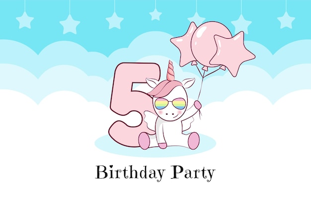 Verjaardagsuitnodiging met schattige eenhoornballonnen en wolken vijfde verjaardag