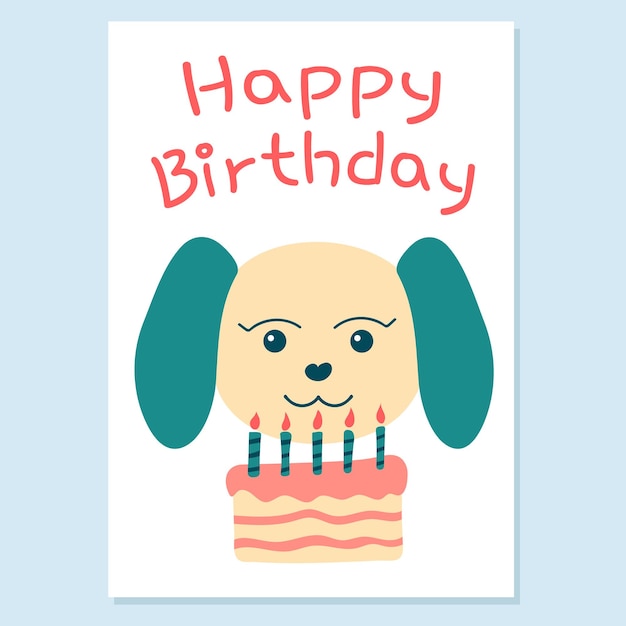 Verjaardagswenskaart Hond met cake en kaarsen Doodle stijl cartoon Happy Birthday Text