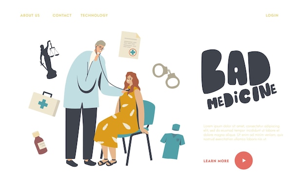 Verkeerde diagnose, slechte geneeskunde, medische fout en wanpraktijken concept voor bestemmingspaginasjabloon. . dokter karakter met stethoscoop luister patiënt hartslag. lineaire mensen vectorillustratie