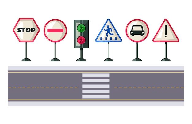 Verkeersbord auto waarschuwing verkeersinformatie symbool geïsoleerde set grafisch ontwerp illustratie