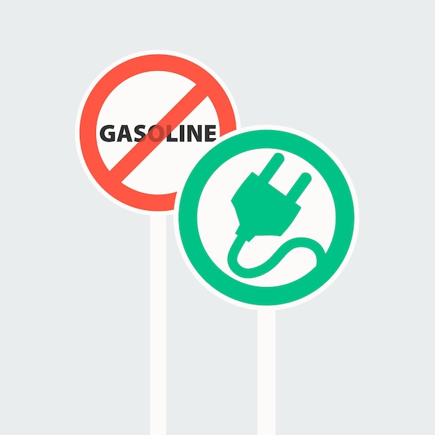 Verkeersbord dat benzinevoertuigen verbiedt Rode doorgestreepte cirkel Verkeersbord voor een laadstation voor elektrische voertuigen in een groene cirkel