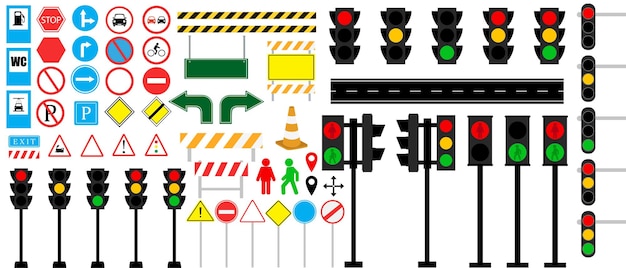 Vector verkeerslicht verschillende typen instellen reguleren richting. verkeer-verkeersbord collectie.