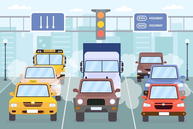 Vector verkeersopstopping. auto's op stadswegrook, smog en uitlaatgas. voertuig, taxi, vrachtwagen en bus stedelijke snelweg. luchtvervuiling vector concept. illustratie verkeersstraat, stadsreizen, autocongestie