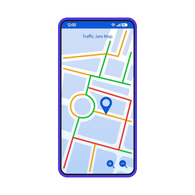Verkeersopstopping kaart smartphone interface vector sjabloon. Mobiele app pagina blauwe ontwerplay-out. GPS-wegen, stratennavigatiescherm. Platte gebruikersinterface voor toepassing. Routebeschrijvingen, routes. Telefoonweergave