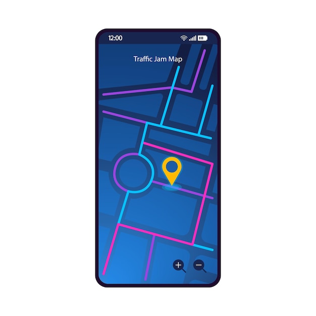 Verkeersopstopping kaart smartphone interface vector sjabloon Mobiele app pagina donkerblauw ontwerp lay-out GPS routebeschrijving navigatiescherm Flat UI voor toepassing Verkeersopstoppingen kaart Telefoonweergave
