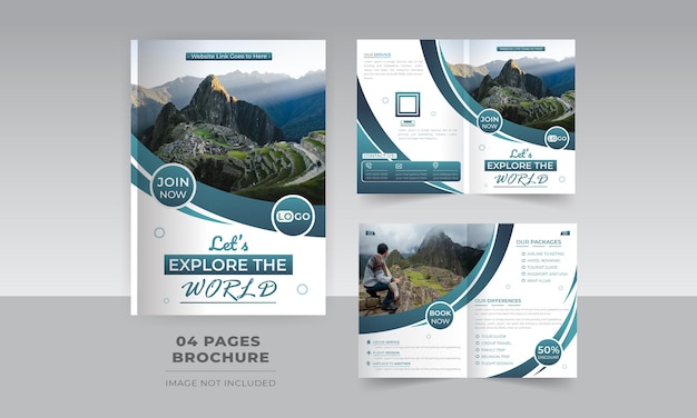 Verken Adventure World Tour pakketverkoop bedrijf 4 pagina bifold brochure sjabloonontwerp