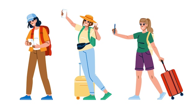 verkennen vrouw toeristische telefoon vector
