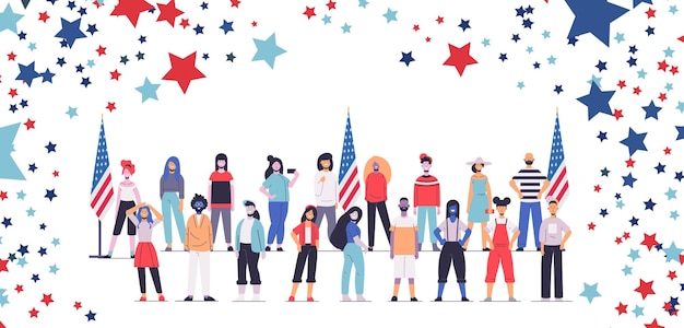 Vector verkiezingsdag concept mix ras kiezers staan samen bij amerikaanse vlaggen horizontaal