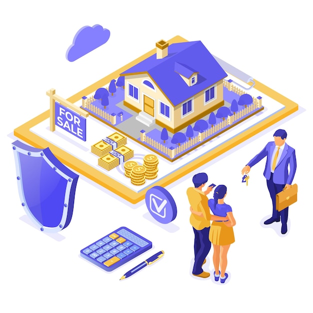 Verkoop, aankoop, huur, hypotheek huis isometrische concept