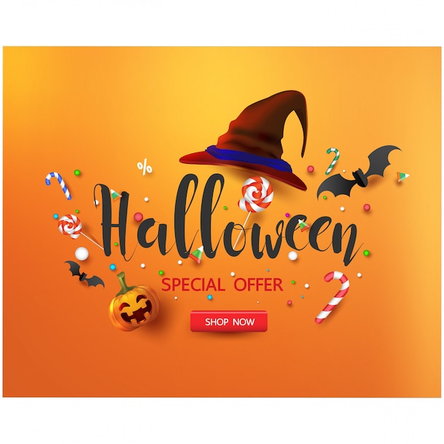 Verkoop promotie banner met halloween snoep en halloween hoed