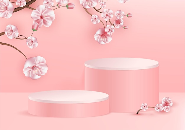 Verkooppodium met sakura. Abstracte scèneachtergrond met sakura. Podium op roze achtergrond.