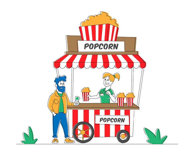 Verkoopster verkoopt popcorn in stand op straat aan jonge klant