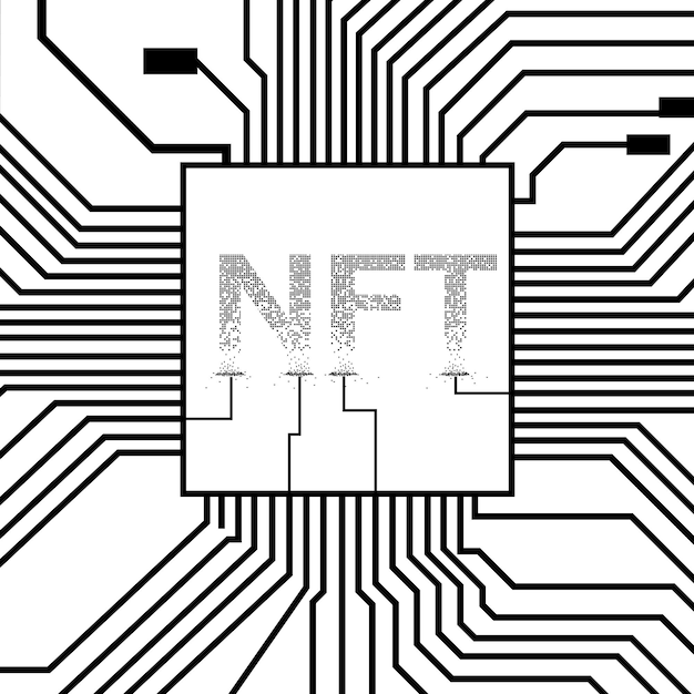 Verkruimelde NTF niet fungible token met PCB-tracks geïsoleerd op wit. Website-ontwerpelement. Vector illustratie.