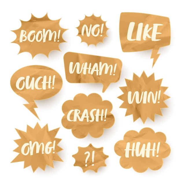 Verkrummelde papieren komische spraak bubbels met de hand getekende retro cartoon stickers met tekst pop art stijl oud
