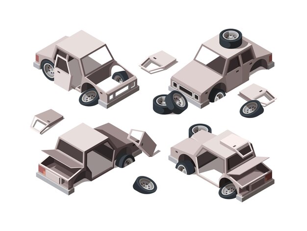 Verlaten auto's Beschadigde roestige oude metalen voertuigen schroot kapotte auto's opzichtige isometrische vectorillustraties