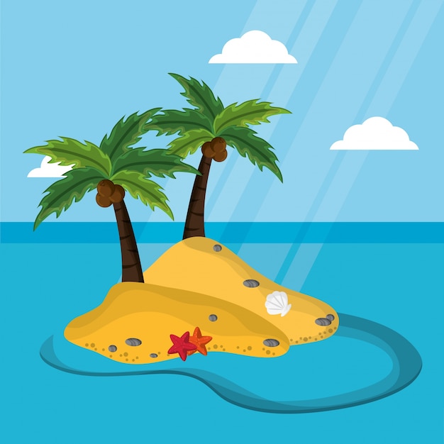 Verlaten eiland met zonlicht van de de zeestermossel van de palmkokosnoot de kokosnoot
