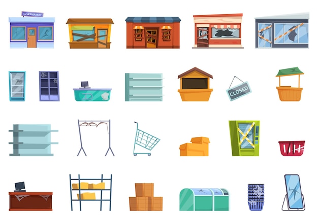 Verlaten winkel iconen set cartoon vector gebroken straat markt puinhoop stof