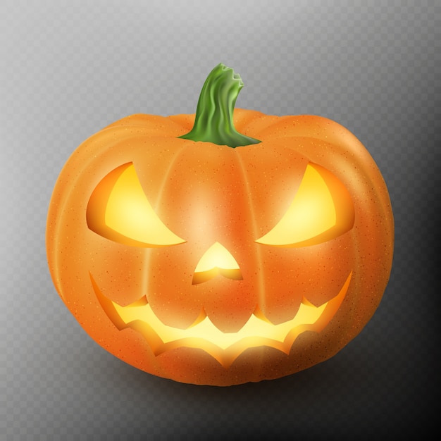 Verlicht jack o lantern gloeiende halloween realistische smile face pompoen met kaarslicht erin. enge uitdrukking.