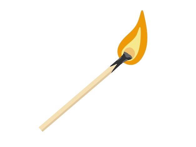 Verlichte lucifer branden met vuur vlam geïsoleerd op een witte achtergrond. Houten lucifer. Match met vuur