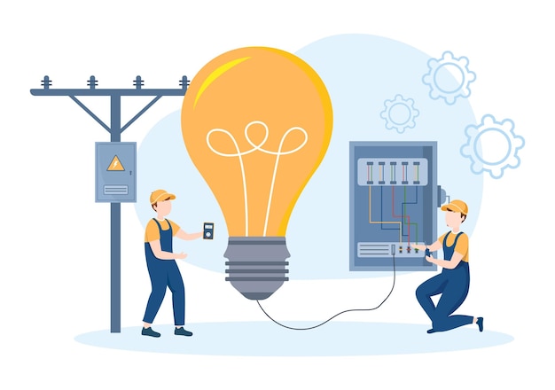 Vector verlichting en elektriciteit energie onderhoud service van technicus elektrisch werk aan illustratie