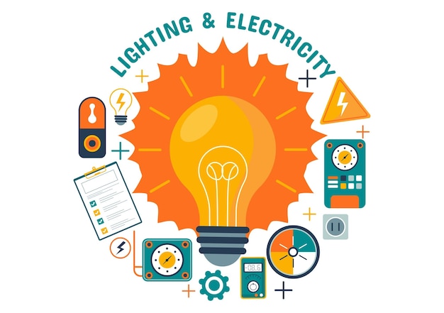 Verlichting en elektriciteit Vector illustratie met lamp en energie onderhoud Service Panel Cabinet