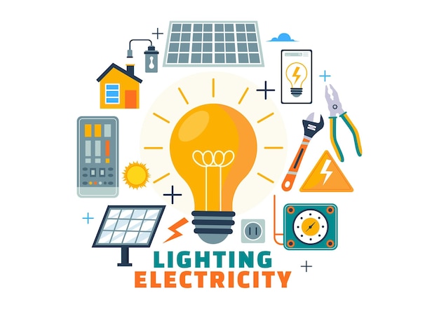 Verlichting en elektriciteit Vector illustratie met lamp en energie onderhoud Service Panel Cabinet