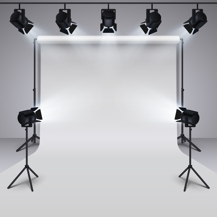 Vector verlichtingsmateriaal en professionele witte lege achtergrond van de fotografiestudio.