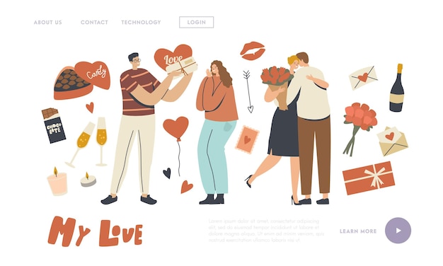 Verliefde paar karakters vieren Valentijnsdag bestemmingspagina sjabloon. Man die hart en boeket geeft aan meisje. Menselijke liefdesrelatie, romantisch Valentine Dating Concept. Lineaire mensen vectorillustratie