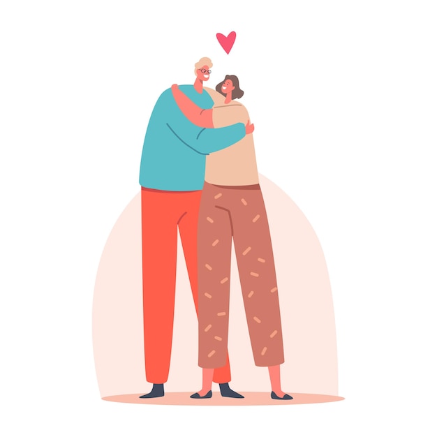 Verliefde paar man en vrouw hand in hand knuffelen, omarmen. gelukkige minnaarrelatie, daten, gelukkige levensstijl. romantische verbindingsgevoelens, emoties, romantiek of liefde. cartoon vectorillustratie