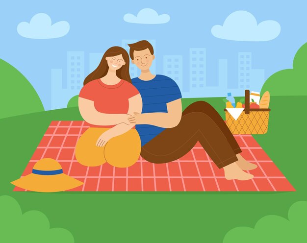 Verliefde paar op picknick in parkman en vrouw zittend op plaid en lachend