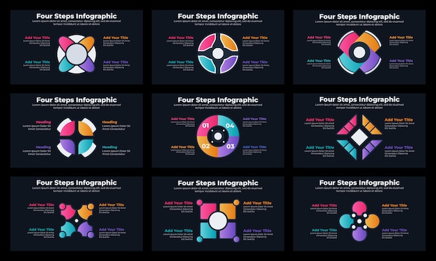 Verloop cirkel infographic sjabloon set met donkere thema achtergrond