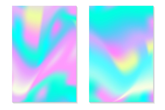 Verloop hologram achtergronden. Reeks kleurrijke holografische posters in retro stijl. Levendige neon pastel textuur. Vector verloop sjabloon voor flyer, banner, mobiel scherm.